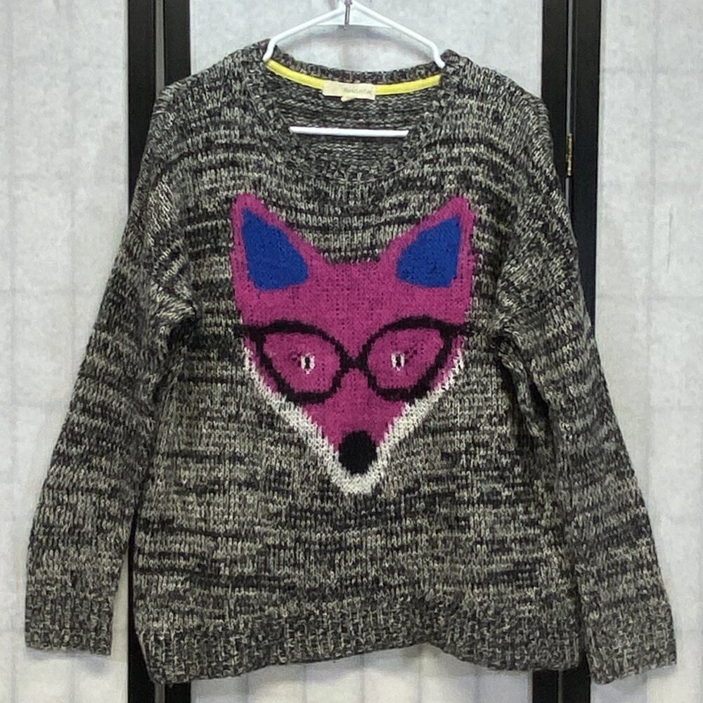 Rewind Fox Sweater L Marled Black Grey Pullover Novelty Knit Cozy Scoop Necjk